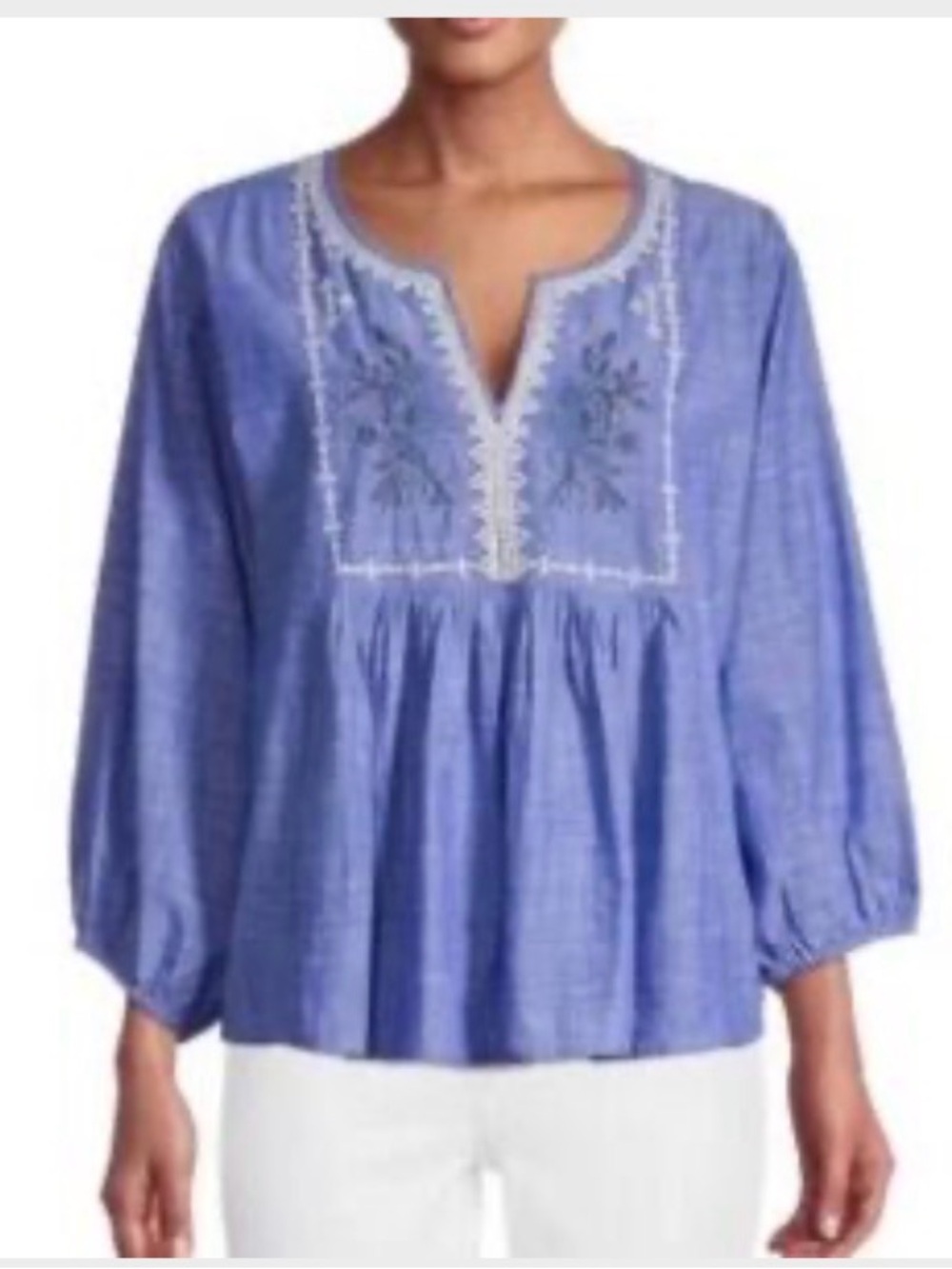World Market Women’s Cotton Embroidered Peasant Top Blue Floral size L/XL